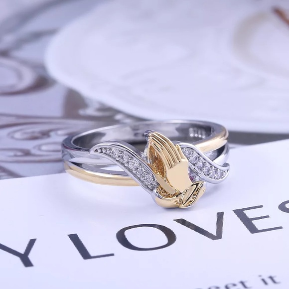 New Two Tone 925 Silver Beautiful Prayer Hands Diamond Ring - Picture 4 of 6